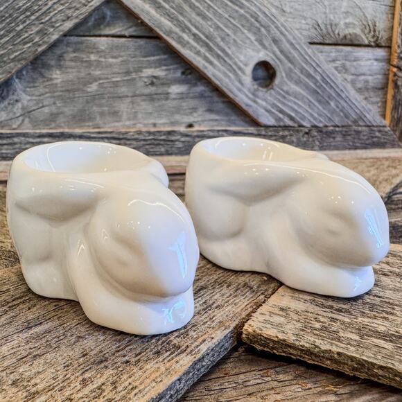 Sweetest White Ceramic Sleeping Bunny Egg Cups-Easter Egg Stands-Pair of 2 - Picture 1 of 9